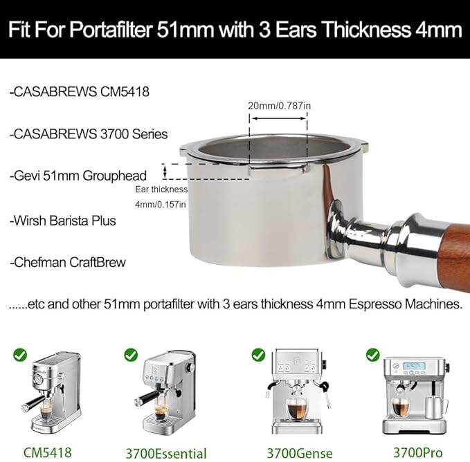 51mm Bottomless Portafilter 3 Ears with Puck Screen | Compatible with CASABREWS Espresso Machine CM5418, 3700Essential, 3700Gense (Prongs Thickness 4mm)