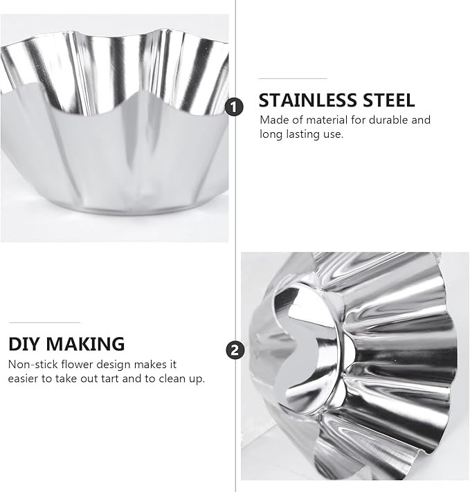 Mikinona 6pcs Stainless Steel Flower Tart Pans Non-stick Tart Muffin Cups for Baking Desserts for Cupcakes Egg Tarts and Diy Parties