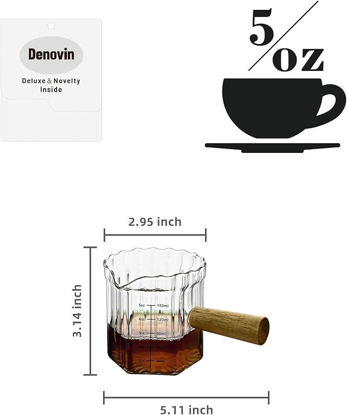 Glass Measuring Cup, 5oz Espresso Shot Glass with Wood Handle, Single Spout Measuring Triple Pitcher Milk Cup for Coffee Tea (Transparent Ribbed)