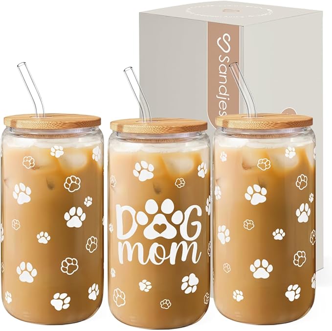 Dog Mom Cup 16 Oz Can Glass Coffee Mug with Bamboo Lid & Straw - Dog Lover Gifts for Women - Dog Mom Gift for Birthday Mothers Day