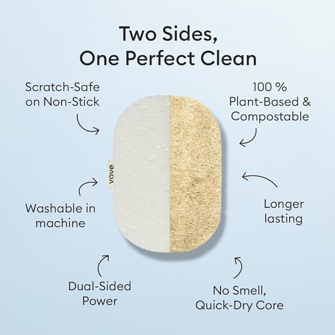 Vove. | Earth-Friendly Kitchen Sponges | 100% Natural | 12 Pack | Long-Lasting | Versatile Cleaning | Plastic Free | Washing up Sponge | Cellulose | Non-Scratch Scrubber | Compostable