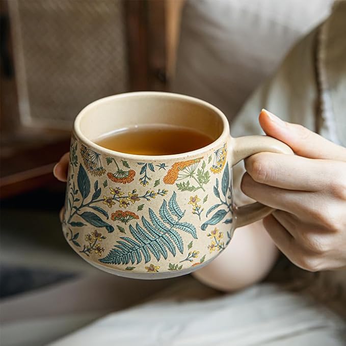 Floral Coffee Cup, 12oz Ceramic Hand Painted Porcelain Mug with Premium Gold Spoon, Cup for Cappuccino, Macchiato, Latte, Cafe, Tea, Unique Gift Idea (Summer's Whispers + Graceful Daisies)