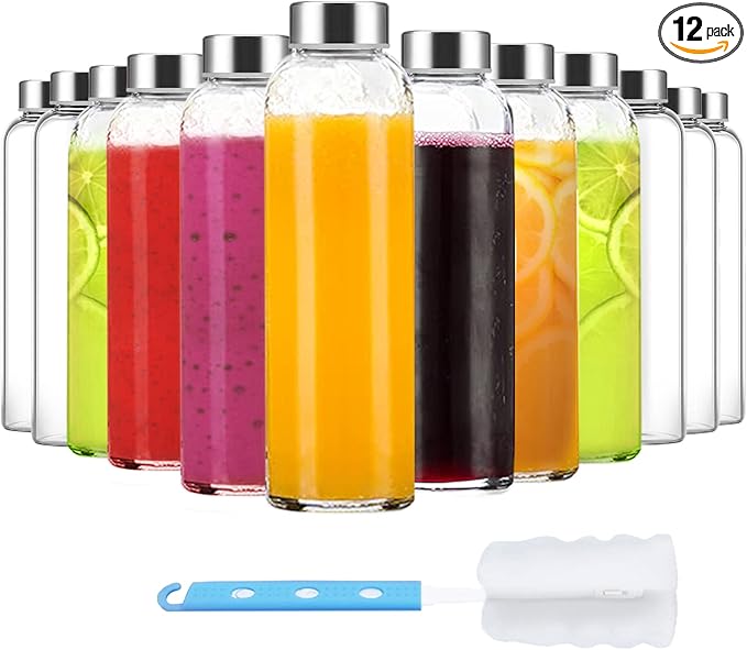 Clear Glass Bottles with Lids 18 oz, Reusable Glass Water Bottles with Stainless Steel Cap for Juicing,Refrigerator,100% Leak Proof, BPA Free, Juice Water Bottle Set of 12