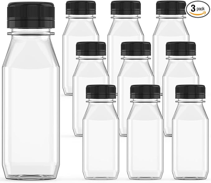 3 Pcs 8 oz Plastic Juice Bottle Reusable Transparent Bulk Beverage Containers with Black Lids for Juice, Drinking Milkshake Tea, Milk, Juicing Smoothie Water and Other Beverages, Fridge Storage