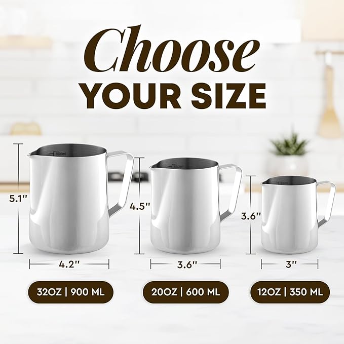 Zulay Milk Frothing Pitcher with Latte Art Pen – 12oz 20oz 32oz - Stainless Steel Frother Cup with Measurement Markings, Espresso & Coffee Accessories Creamer Jug with Laser-Welded Handle - 32 oz