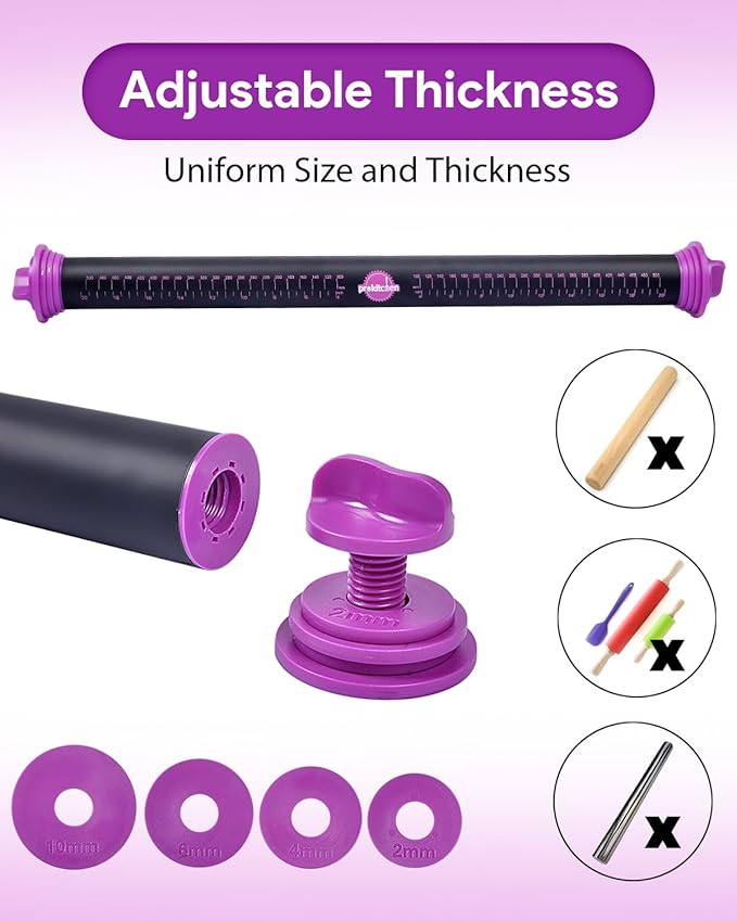 Silicone Rolling Pin with Thickness Rings, Adjustable Designs for Fondant, Cookie Decorating, Pasta, Pizza, 23.6 inch Purple Large Long Pin