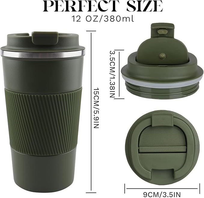 YINBAOGE Insulated Travel Coffee Mug Spill Proof Leak Proof Pobtable To Go Camping Stainless Steel Coffee Tumbler Reusable Coffee Cups with Lids Thermos for Hot and Cold Drink (Green, 12 OZ)