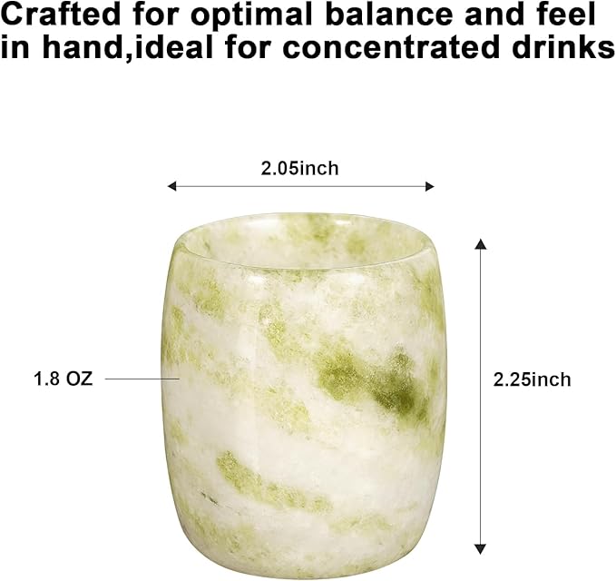 Handcrafted Natural Jade Shot Glasses – Set of 2 | 1.8 oz Whiskey, Espresso & Tequila Cups in Unique Drum Shape, Oriental Inspired Luxury Gift for Men & Whiskey Lovers