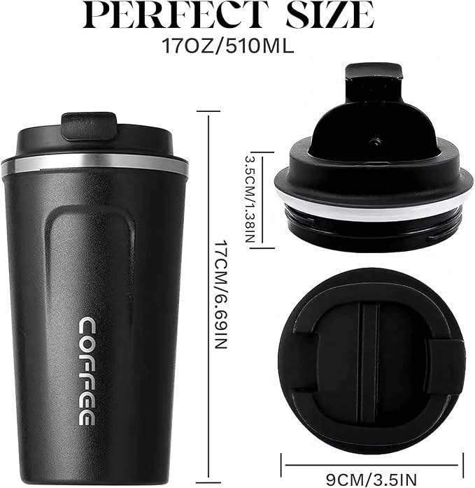 YINBAOGE Insulated Travel Coffee Mug Spill Proof Leak Proof Pobtable To Go Camping Stainless Steel Coffee Tumbler Reusable Coffee Cups with Lids Thermos for Hot and Cold Drink (2nd-Black, 17 OZ)