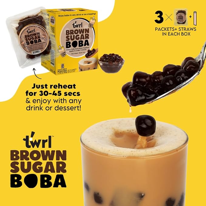 Twrl Brown Sugar Boba Bubble Tea Topping - Taiwanese Boba Pearls, Cafe-Style Tapioca Topping, Instant - Perfect for Milk Tea and Coffee, Gluten-Free, Plant-Based - Pack of 3 Single Servings & 3 Boba Straws