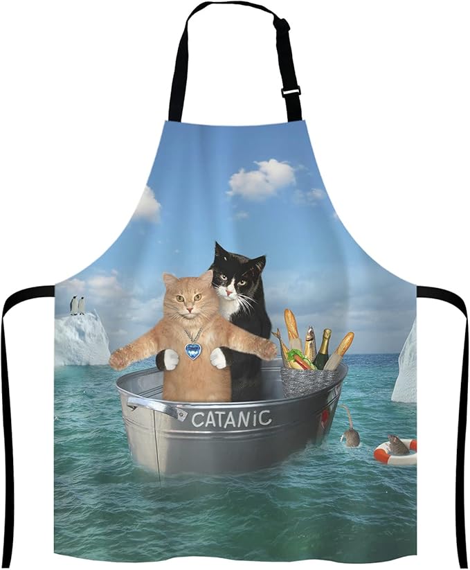 Funny Cats Adjustable Bib Apron, The two brave cats are drifting in the steel Cooking Kitchen Apron for Men Women