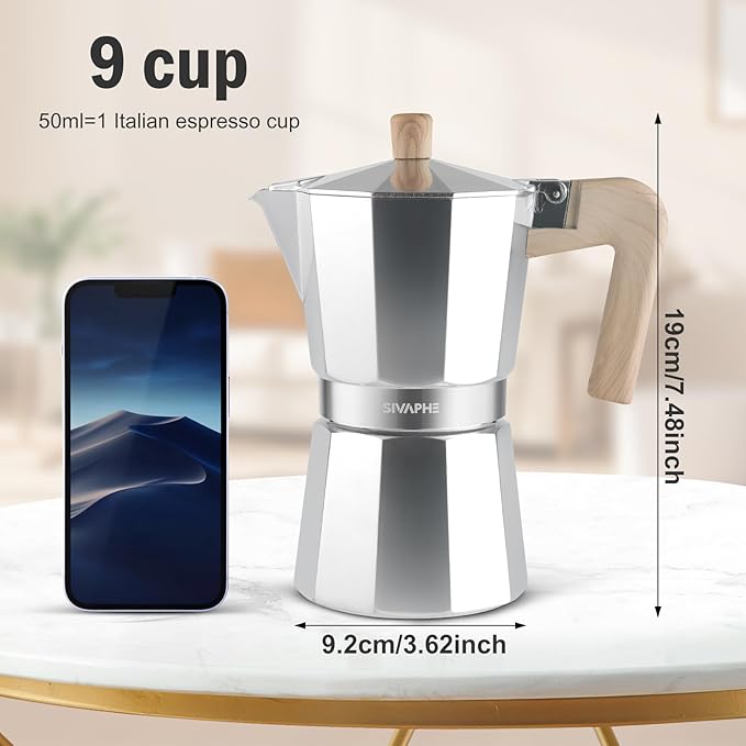 Sivaphe Aluminum Moka Pot 9 Espresso Cups, Percolator Espresso and Coffee Maker, Portable Stove top Italian and Cuban Café Brewer for Home and Camping Sliver