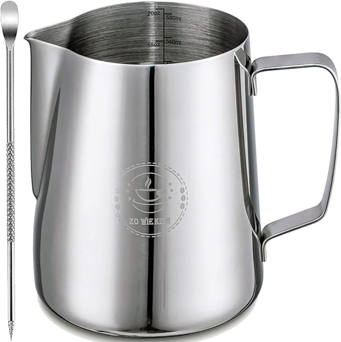 Milk Frothing Pitcher 20oz,Espresso Steaming Pitchers 600ml,Espresso Machine Accessories,Milk Frother cup 20 Oz, Coffee Cappuccino Latte Art,Stainless Steel Jug Cup with Decorating Art Pen