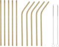 10 Pcs Stainless Steel Straws, Reusable Drinking Straws, 5 Straight + 5 Bent Metal Straws Set With 2 Pcs Cleaning Brushes (Gold, 10.5 Inch)