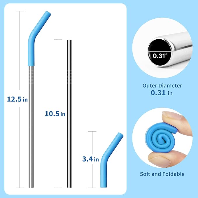 Metal Straws Reusable With Silicone Tips, 9.5" Stainless Steel Straight Drinking Straw for Yeti 30 oz Tumbler- 2 Cleaning Brushes & 1 Portable Bag