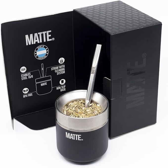 Matte 6.5 oz Yerba Mate Gourd and Bombilla Set - Includes DS Pro Box - BPA Free Yerba Mate Set Kit with Mate Straw, Elegant Design, Non-Slip Base (Black)