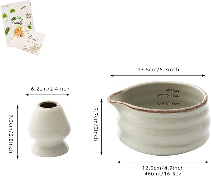 2pcs Matcha Bowl with Whisk Holder, Ceramic Grey Matcha Bowl with Spout, 16.5OZ Porcelain Bowl with Measurement Marks, Tea Mixing Bowl with Whisk Stand, Matcha Gift Set (grey)