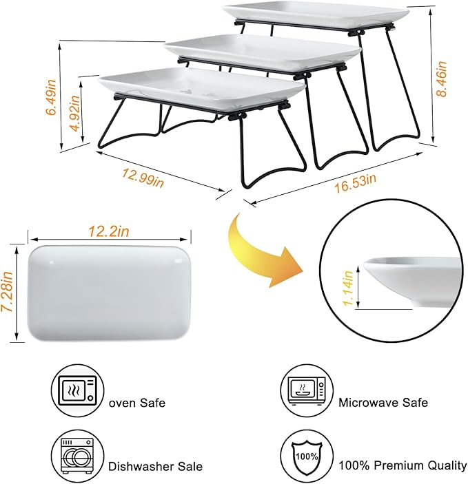 HAPPY KIT 3 Tier Serving Tray Set and Tiered Tray Stand,12 Inch Widened Porcelain Platters with Freely Combinable Rack,Decor Cupcake Stand for Christmas Party Display,Dessert Trays Collapsible