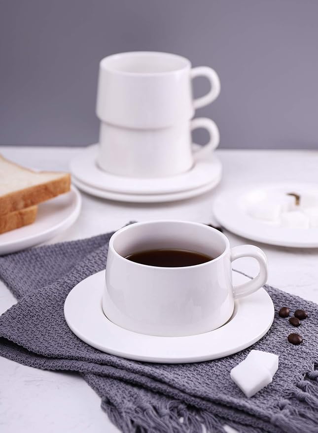 Kanwone Porcelain Stackable Cappuccino Cups with Saucers - 8 Ounce for Specialty Coffee Drinks, Cappuccino, Latte, Americano and Tea - Set of 4, White