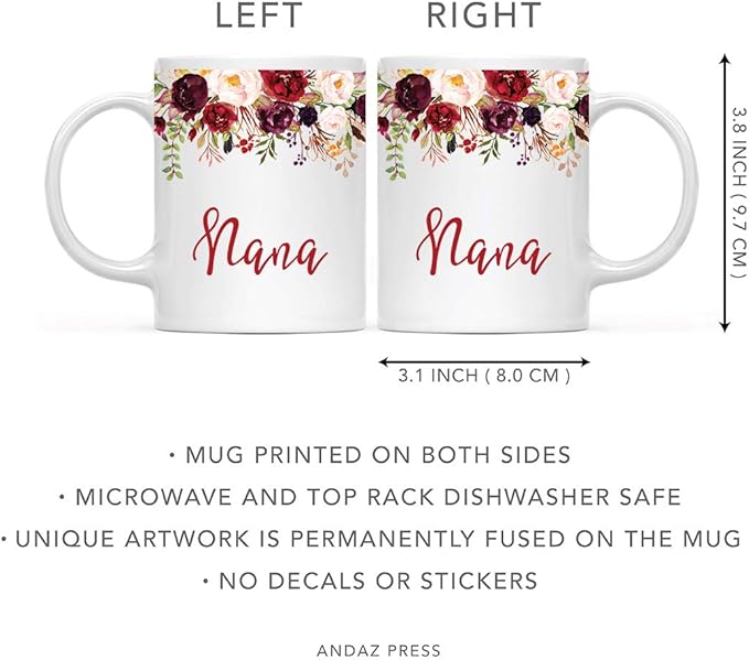 Andaz Press 11oz. Mother's Day Ceramic Coffee Tea Mug Gift, Fall Autumn Marsala Burgundy Flowers Roses Florals, Nana, 1-Pack, Includes Gift Box, Birthday Christmas Gift Ideas