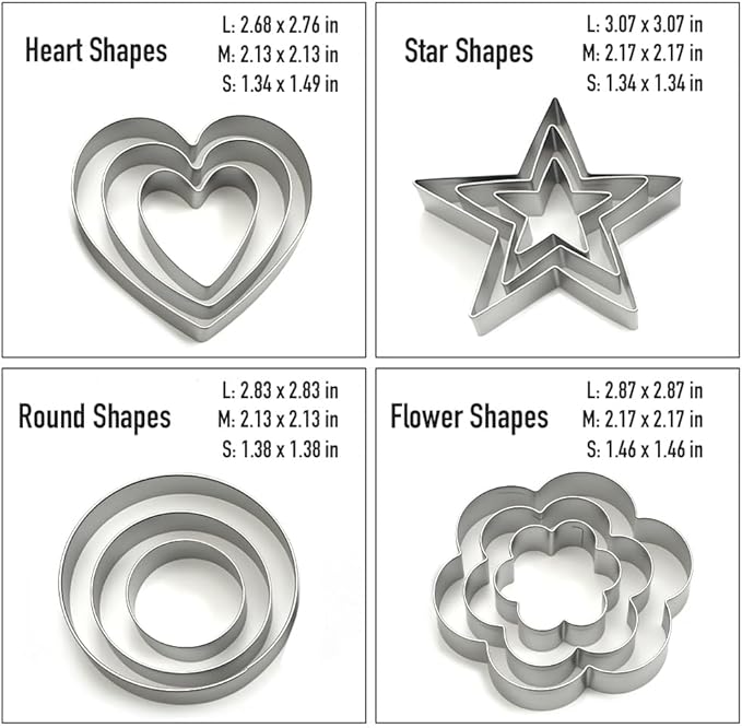 Stainless Steel Cookie Cutters Set 12Pcs - Heart, Flower, Round, Five Star Shapes - Small to Mini Size, Metal Biscuit Cutter Molds for Baking or Holiday Party Decorations