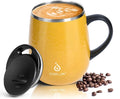 Ideus 16 oz Insulated Coffee Mug with Handle and Lid, Double Wall Stainless Steel Vacuum Thermal Coffee Mug, Travel Coffee Cup Thermal Cup for Home and Office, Leopard Yellow