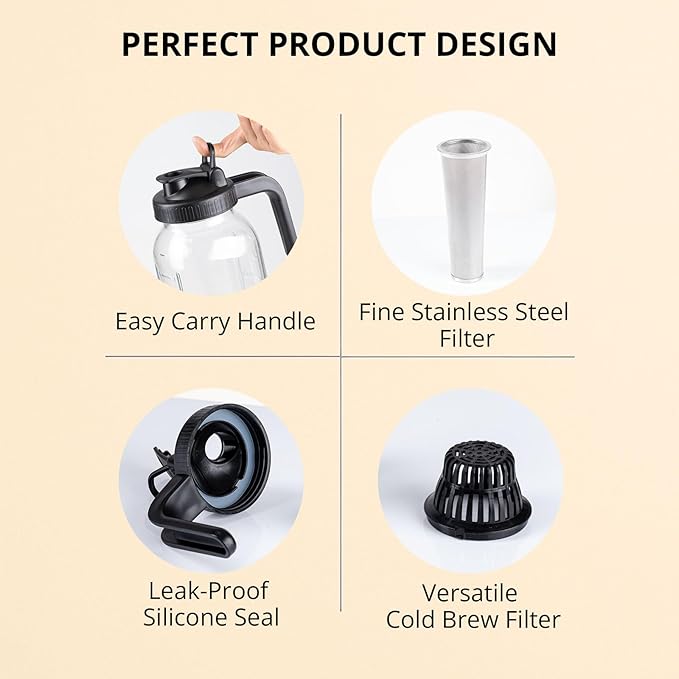 Cold Brew Coffee Maker 64OZ Marson Jars Wide Mouth Glass Picther Spout Lid with Stainless Steel Filter,Leakproof Maker for Iced Tea,Espresso,Lemonade-Black