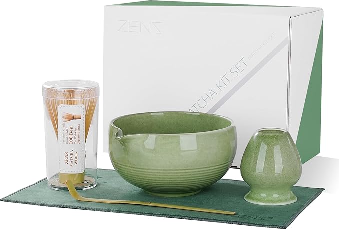 ZENS Matcha Whisk Set, 15oz Ceramic Matcha Bowl with Spout and Bamboo Whisk, (Chasen Holder) Scoop & Tea Towel, 5pcs Matcha Kit for Matcha Lovers, Emerald Green