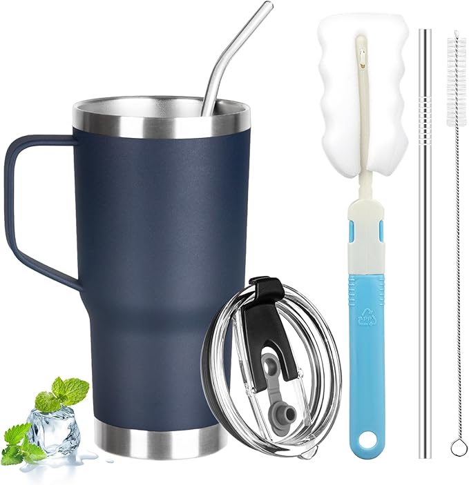 20 oz Tumbler with Handle, Stainless Steel Insulated Tumbler with Lid and Straw, Double Wall Vacuum Coffee Mug Tumbler, Insulated Coffee Thermal Cup for Cold and Hot (Navy Blue)