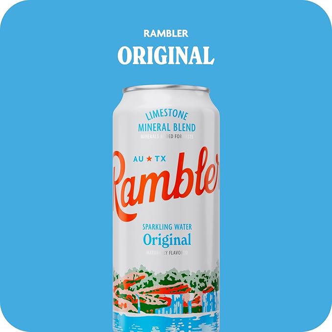 AUTX RAMBLER Sparkling Water, Texas Limestone Mineral Blend, Original Natural Flavor, 16-Ounce Tallboy Cans, 12-Pack