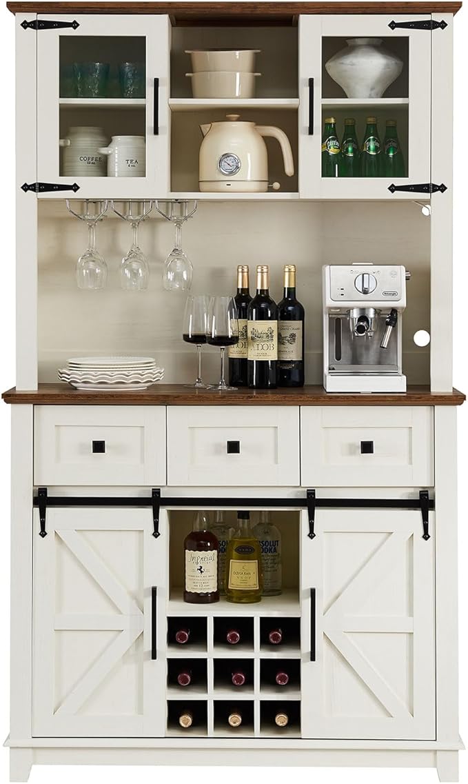 AMERLIFE 72" Coffee Wine Bar Cabinet with Sliding Barn Door, Farmhouse Kitchen Sideboard, Buffet Storage Table, 3 Drawers, LED Lights, Tall Hutch Home Bar for Dining Room, White