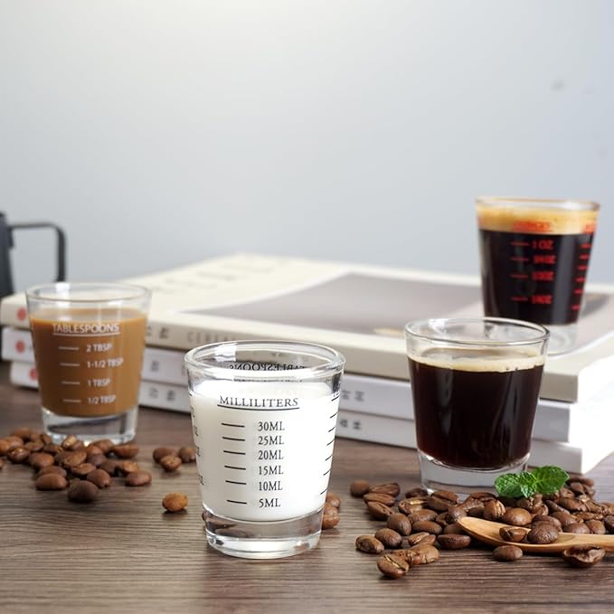 Shot Glasses Measuring cup Liquid Heavy Glass Wine Glass Espresso Shot Glass 26-Incremental Measurement 1oz, 6 Tsp, 2 Tbs, 30ml (2 pack-black 30ml)