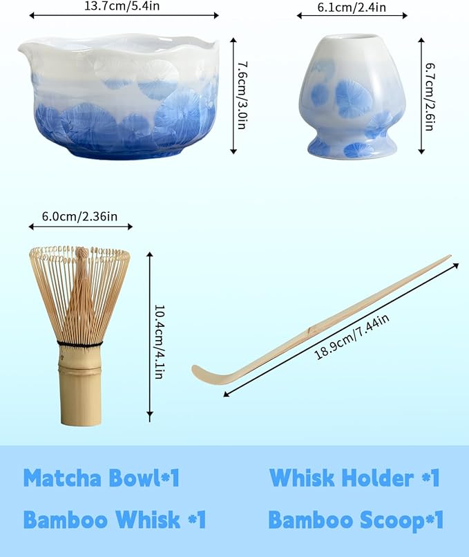 Natural Crystal Flower Matcha Set - 4 Pcs Food Grade Matcha Kit with Spouted Bowl, Matcha Whisk, Scoop and Chasen Holder - Matcha Tea Ceremony Gift for Matcha Lovers (Mist Azure)