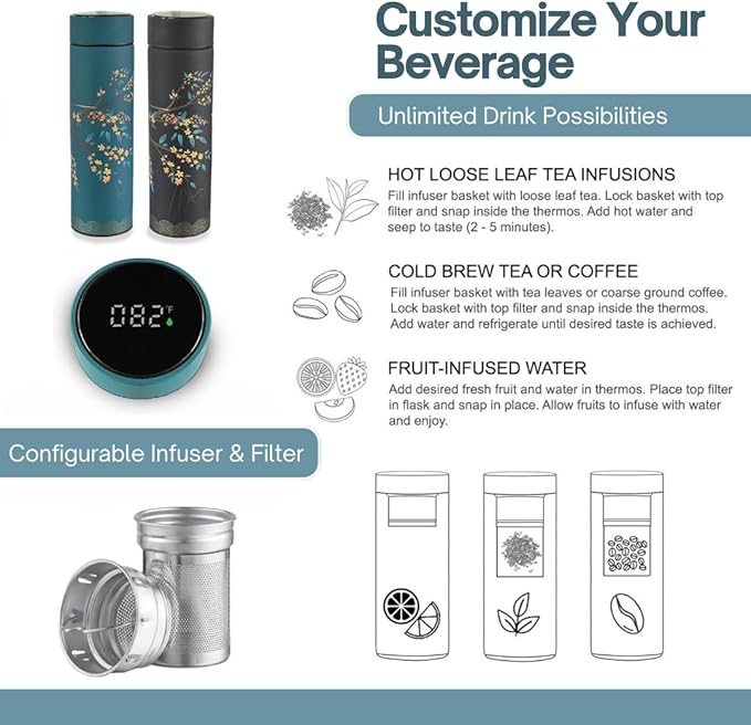 Farasi Tea Infuser for Loose Leaf Tea Smart Water Bottle with Fahrenheit Temperature Display, Stainless Steel Insulated Coffee and Fruit Tea Infuser Bottle - Green Floral Travel Tea Mug 15 oz