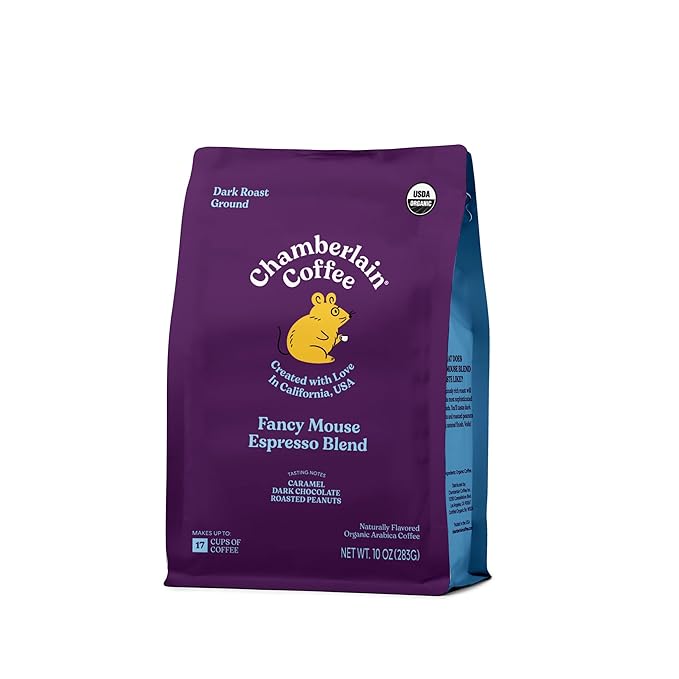 Chamberlain Coffee Fancy Mouse Espresso Blend - Extra Bold, Dark Roast Ground Coffee Beans with Notes of Sweet Caramel, Dark Chocolate & Toasted Peanuts - Specialty Ground Coffee - 10 oz