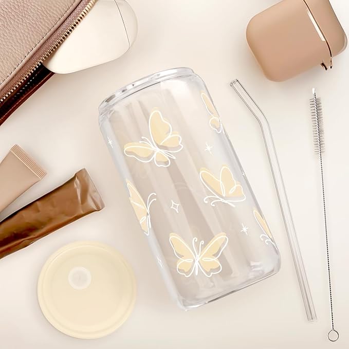 SANDJEST Butterfly Glass Can, Iced Coffee Aesthetic,Cup, Gifts for Christmas Birthday, Gift for Women Girls, 16oz