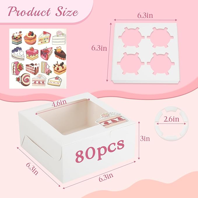 OAMCEG 80 Pack Cookie Boxes with Window 6x6x3 Inches White Cupcake Boxes, Bakery Treat Boxes with Stickers & Twine for Pastry, Desserts, Strawberries, Cupcakes, Gift Giving