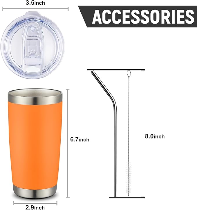COMOOO 20oz Tumbler Bulk Double Wall Vacuum Insulated Travel Mug, Stainless Steel Tumbler with Lid and Straw Durable Powder Coated Insulated Coffee Cup for Cold & Hot Drinks (Orange, 6 pack)