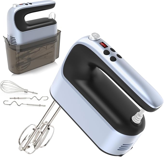 9-Speed Digital Hand Mixer Electric, 400W Powerful DC Motor, Baking Mixer Handheld with Snap-On Storage Case, 5 Stainless Steel Accessories, Flat Beaters, Dough Hooks, Whisk (Ocean Blue)
