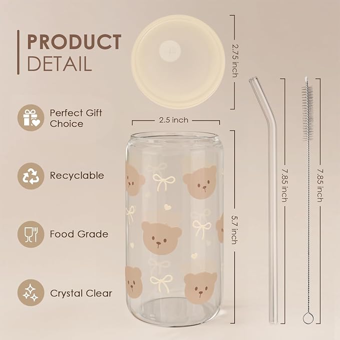 SANDJEST Bear Glass Can, Iced Coffee Aesthetic Cup, Gift for Christmas Birthday, Gifts for Women Girls, 16oz