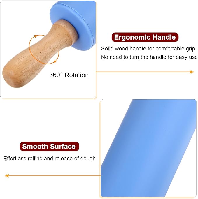 HARFINGTON Silicone Rolling Pins for Baking 9 Inch Wooden Handle Non Stick Rolling Pin Small Roller Playdough Rolling Pins for Dough Pizza Pastry Fondant Kitchen, Blue