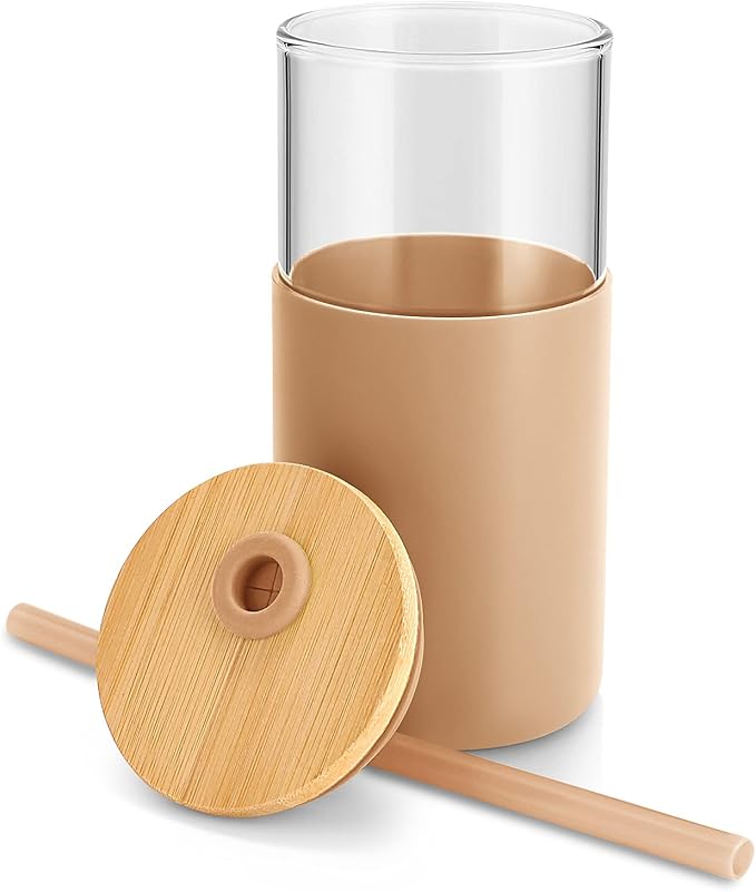 Tronco 16 oz Glass Tumbler with Straw and Bamboo Lid, Iced Coffee Cup Reusable, Smoothie Cups, Tumbler with Silicone Protective Sleeve - BPA Free