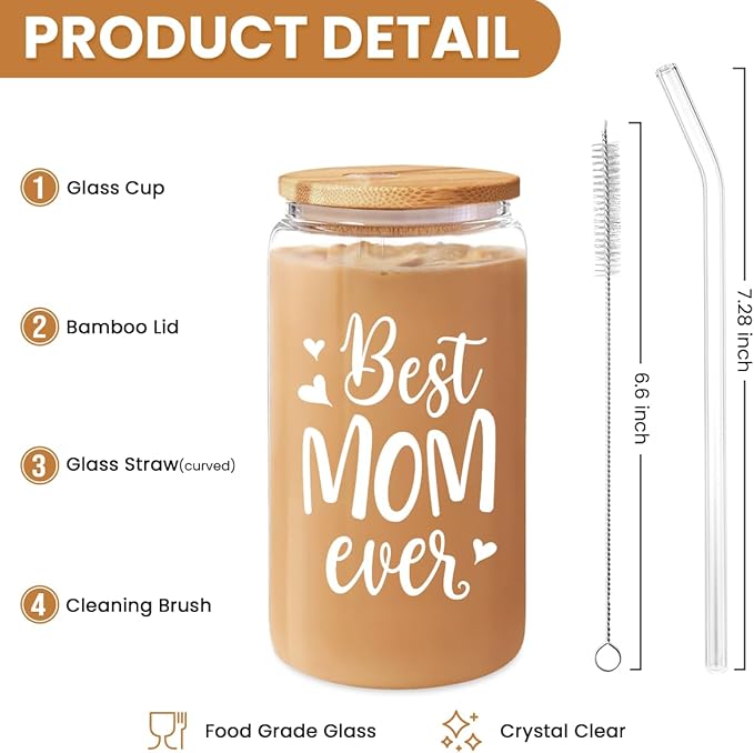 Gifts for Mom from Daughter Son - Mom 16 Oz Can Glass Coffee Cup with Bamboo Lid & Straw - Mothers Gift for Women on Birthday Mothers Day Valentines