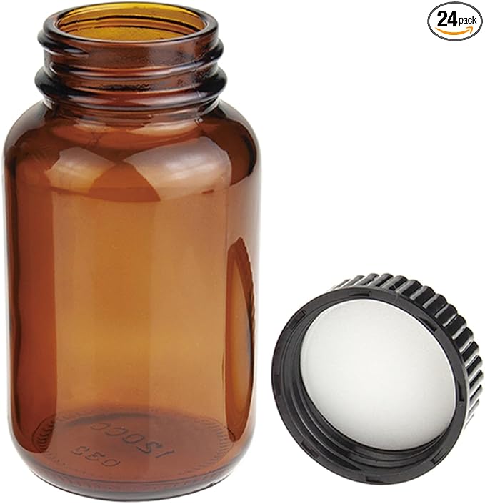 Wide Mouth Packer Bottle, Amber Glass, 120 ML (4 OZ) Capacity with 38-400 Black Polyethylene Screw Cap Lined PE Septa, Package of 24 Units