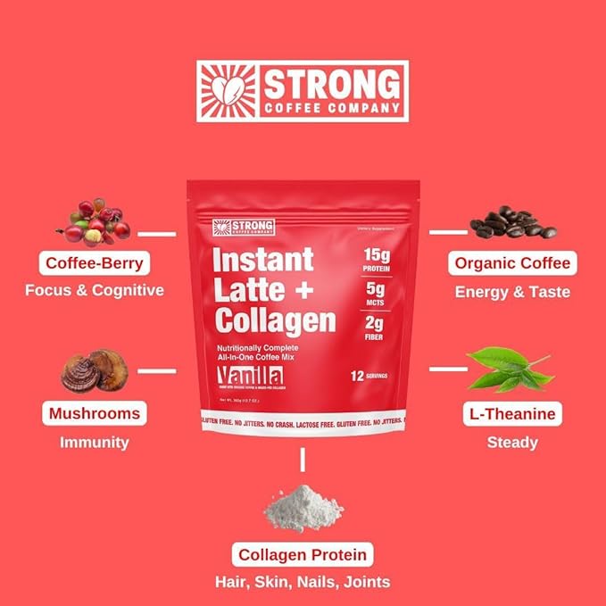 STRONG COFFEE COMPANY Instant Vanilla Latte Travel Pack - - 15g Protein, Instant Protein Coffee with Collagen, Adaptogens & Nootropics, No Crash, No Jitters, 7 Servings Bag