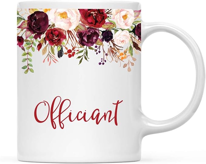 Andaz Press 11oz. Wedding Ceramic Coffee Tea Mug Gift, Fall Autumn Marsala Burgundy Flowers Roses Florals, Officiant, 1-Pack, Includes Gift Box