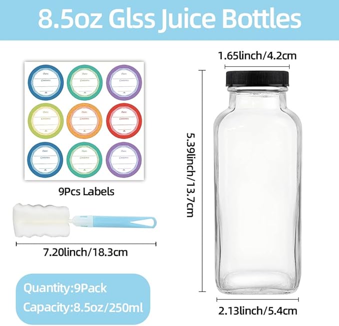 ZZT 9 Pack 8 oz Glass Juice Bottles, 250 ml Glass Reusable Water Bottles with Lids, Water Drinking Jars with Labels and Brush,Water Drinking Jars for Milk,Juicing,Beverage Glassware