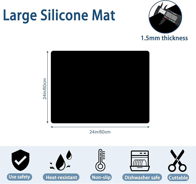 24"x24"(60cmx60cm) Silicone Mat for Kitchen Counter, Heat Resistant Non-Slip Countertop Protector, Waterproof Silicone Craft Mat for Kitchen Island, Light Gray