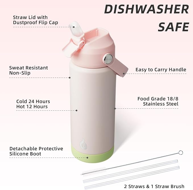 BJPKPK Insulated Water Bottle with Straw Lid, 18oz Thermos Water Bottles, Flex Handle & Non-slip Boot, BPA Free Leak Proof Stainless Steel Metal Thermos, Tumblers, Cups,Pearl Pink