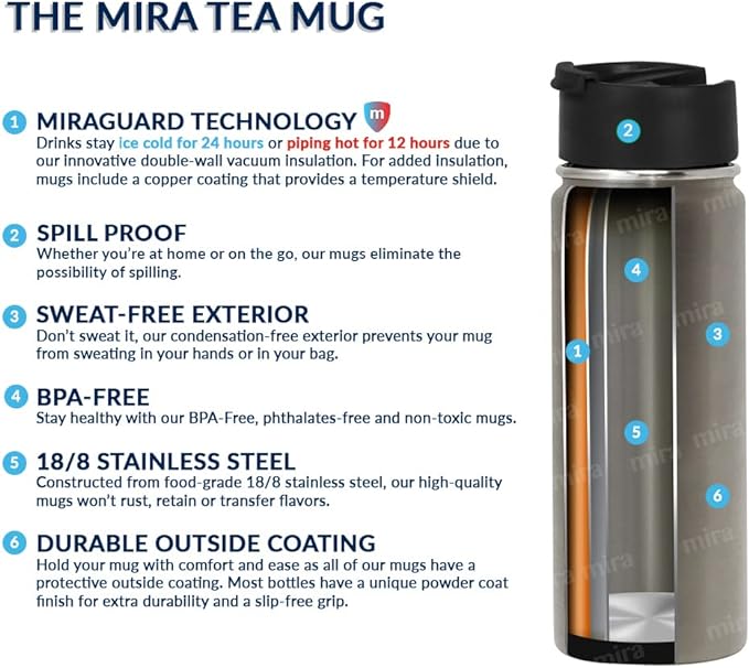 MIRA 18 oz Tea Infuser Thermos - Stainless Steel Travel Bottle with Removable Strainer for Loose Leaf Tea - Insulated Hot & Cold Brew Steeper - Smoke Gray